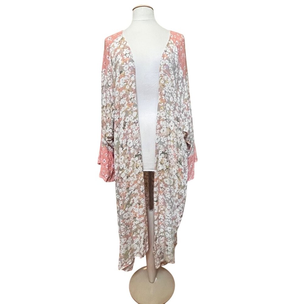 Wonderly Curvy Floral Kimono Cardigan Duster 0X/1X Pink Cream Spring Fling‎ Boho